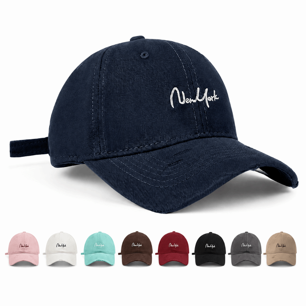 Embroidery York - หมวกเบสบอลนิวยอร์กแบบปรับได้ ผ้าฝ้าย ทรงลึก ปีกกว้าง ปักลายแบบ Cursive