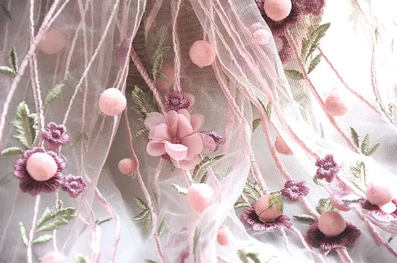 Embroidery Veil - 3D ชีฟองดอกไม้ pompom เย็บปักถักร้อยผ้าลูกไม้นุ่มสีชมพูสีเขียว Pom Pom