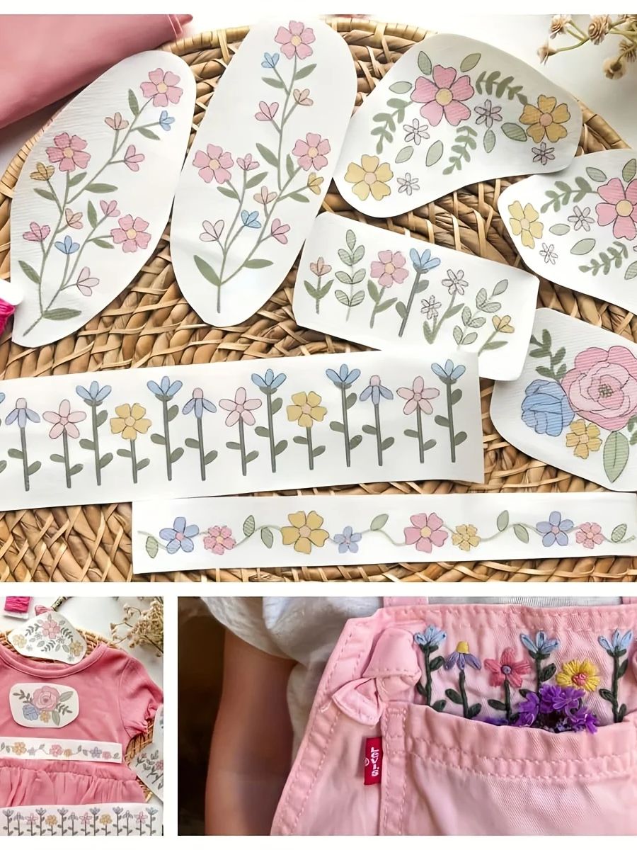 Printed Embroidery Kit - ชุดผ้ารองปักลายหลากสี 8 ชิ้น สำหรับงานปักมือ ซักล้างได้ ติดด้วยกาวในตัว