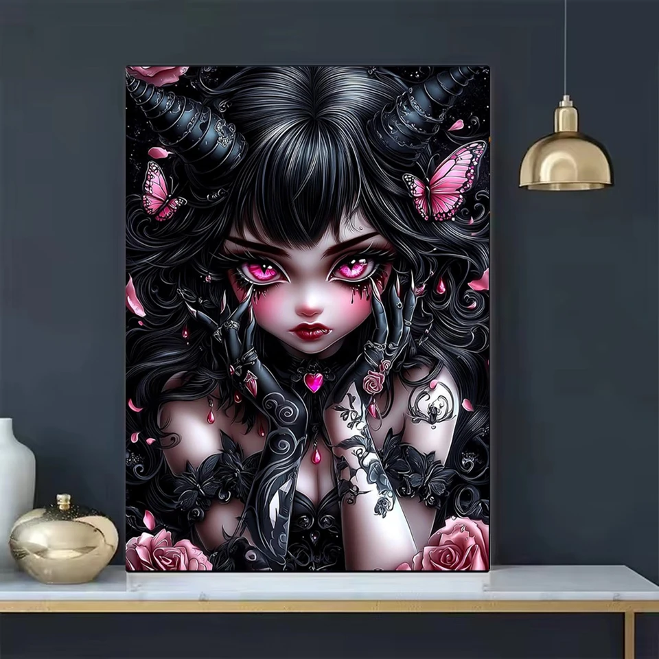 Embroidery Gothic - ชุดอุปกรณ์ปักเพชร 2026 โมเสกเพชรเต็มรูปแบบ ลายสาวปีศาจโกธิคพร้อมผีเสื้อสีชมพู ของตกแต่งบ้าน งานฝีมือ