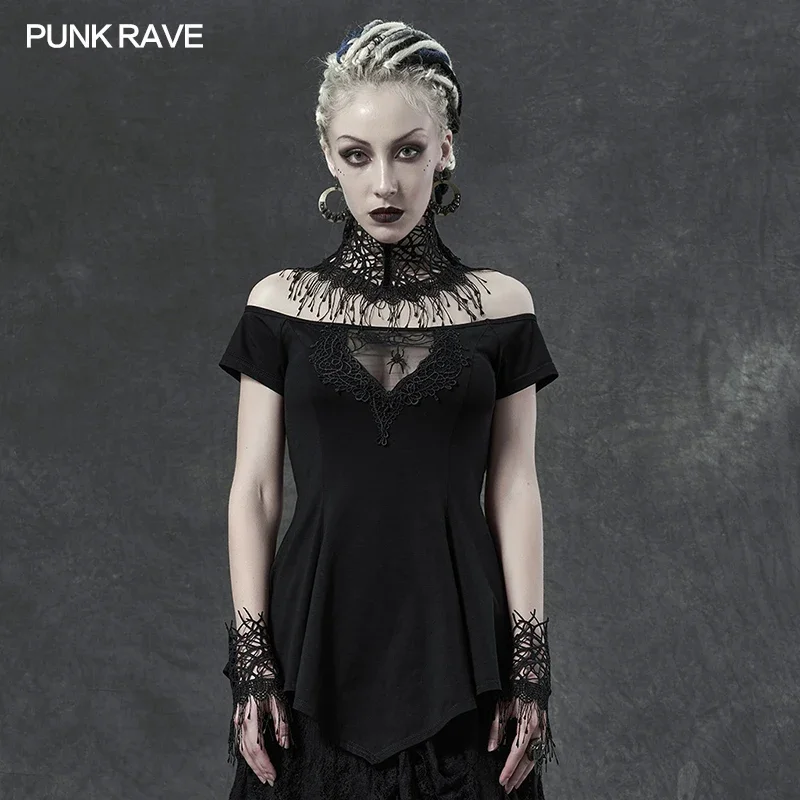 Embroidery Gothic - PUNK RAVEผู้หญิงโกธิคทุกวันSpiderปิดไหล่เซ็กซี่เย็บปักถักร้อยเสื้อยืดลำลองยืดถักฤดูร้อนแขนสั้นTee Tops