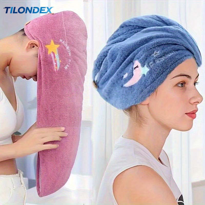Embroidery Ideas - ผ้าโพกผมซับน้ำเร็วสำหรับผู้หญิง TILONDEX พร้อมลายปักการ์ตูนน่ารัก - น้ำหนักเบา ผลิตจากผ้าคอรัลฟลีซ