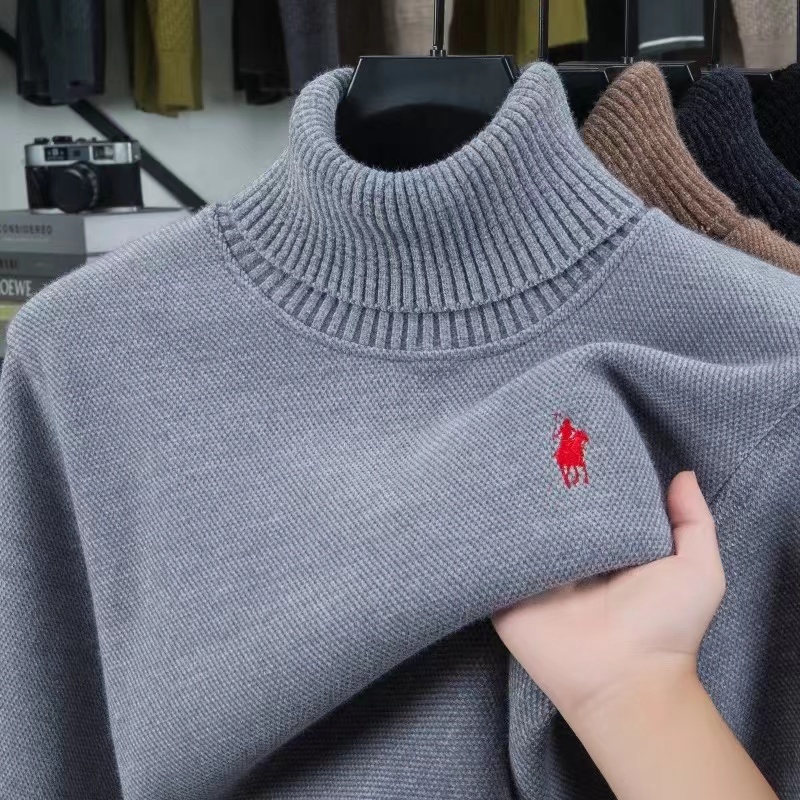Embroidery Ideas - เสื้อสเวตเตอร์กำมะหยี่แบรนด์หรูสำหรับผู้ชาย แฟชั่นดีไซน์ใหม่ ปักลายม้าโปนี่อย่างประณีต ให้ความอบอุ่นในฤดูหนาว คอสูง ถักแบบพูลโอเวอร์