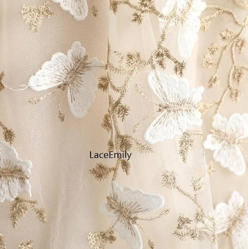 Embroidery Veil - 3D ผีเสื้อลูกไม้ผ้าผีเสื้อด้ายสีทองเย็บปักถักร้อยผ้า Tulle สําหรับงานแต่งงานชุดสาวชุดปาร์ตี้ชุดเจ้าสาว