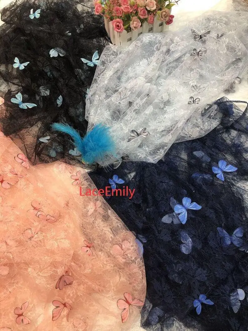 Embroidery Veil - 4 สี 3D ผีเสื้อเย็บปักถักร้อยลูกไม้ผ้าผีเสื้อสีชมพู soft tulle