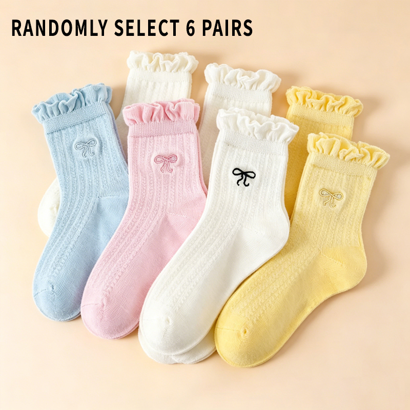 Embroidery On Socks - ถุงเท้าตาข่ายสำหรับเด็กผู้หญิง 4 คู่ ลายปักโบว์น่ารัก ขอบระบาย ถุงเท้าความยาวครึ่งน่อง
