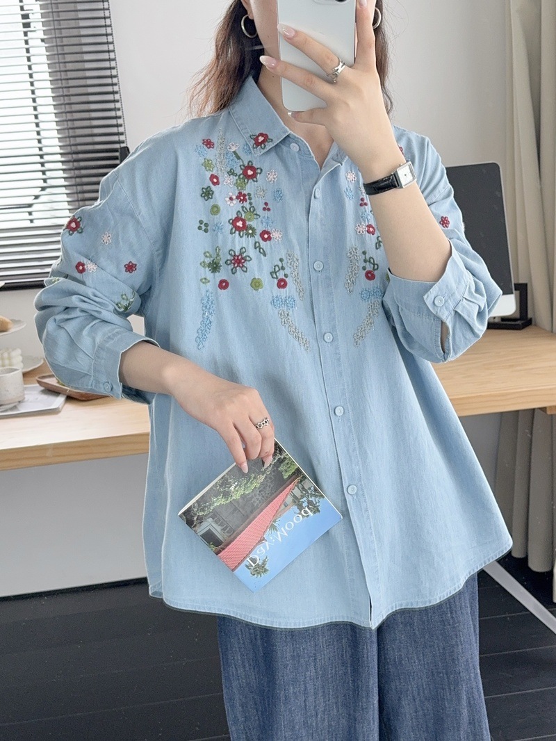 Embroidery Jeans - เสื้อเชิ้ตยีนส์ปักลายดอกไม้แขนยาว MODE Korea สำหรับผู้หญิงเสื้อเชิ้ตผ้าเดนิม Y2K สไตล์ฮาราจูกุฤดูใบไม้ร่วง