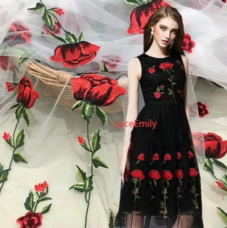 Embroidery Veil - Red Rose ลูกไม้ผ้าดอกไม้เย็บปักถักร้อยนุ่มสีดําสีขาวผ้า Tulle สําหรับงานแต่งงานชุดเจ้าสาว Tutu