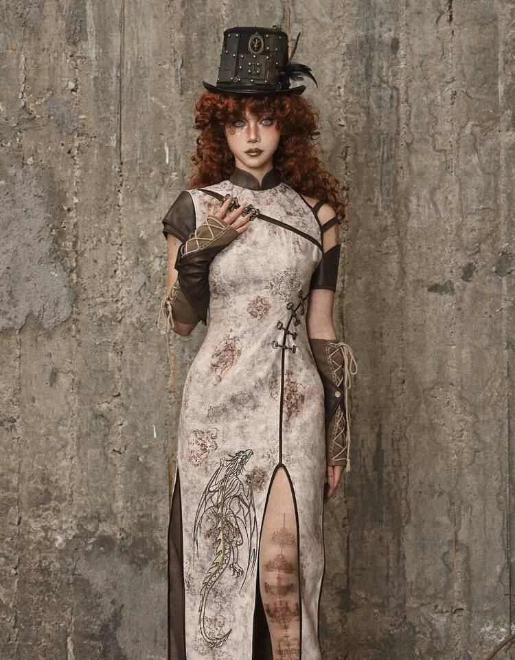 Embroidery Dress - ชุดกี่เพ้าปักลายมังกรสไตล์สตีมพังก์ พร้อมชายกระโปรงผ่าสำหรับงานปาร์ตี้คอสเพลย์ฮาโลวีน