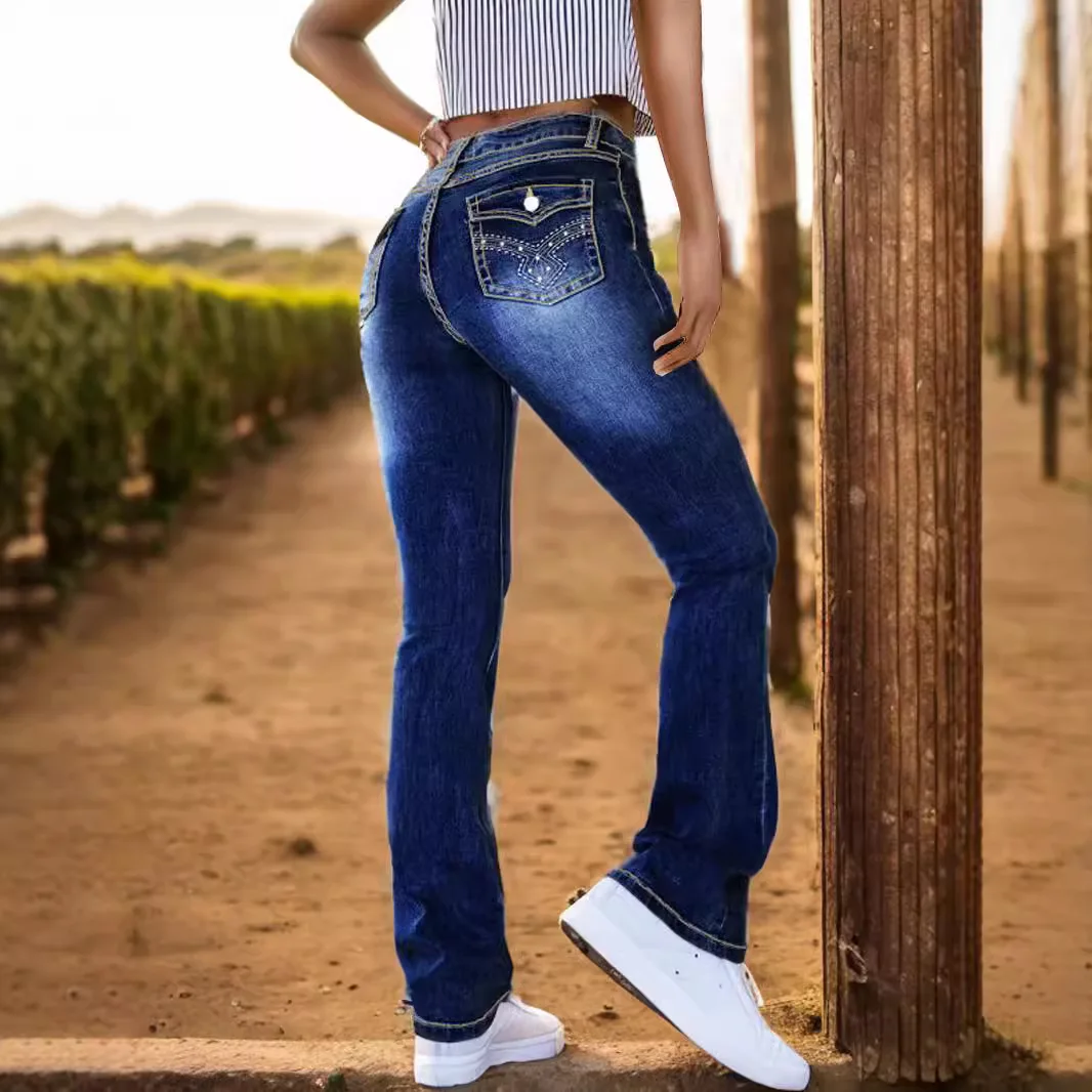 Embroidery Jeans - DENIM Flareกางเกงผู้หญิงล้างกางเกงยีนส์กลางเอวStreetwear 2025 ฤดูใบไม้ร่วงDenims VINTAGEปักกางเกง