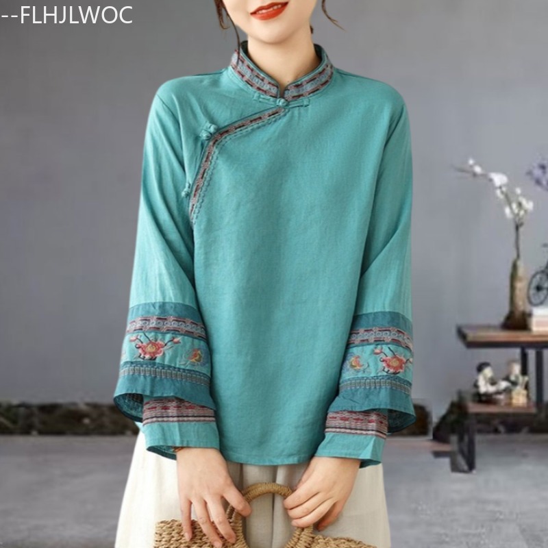 Embroidery Ideas - เสื้อเชิ้ตผ้าฝ้ายลินินปักลายสไตล์จีน ชิป้า คอตั้ง ดีไซน์ฤดูใบไม้ร่วง 2025 เสื้อผู้หญิงน่ารัก