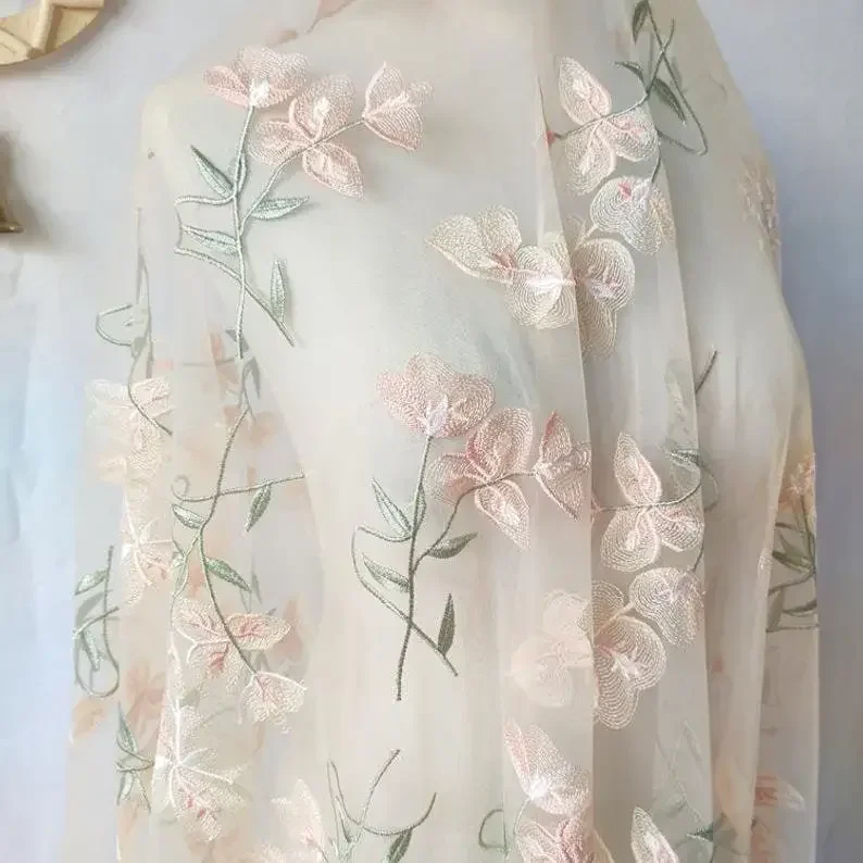 Embroidery Veil - ผ้าลูกไม้ลายดอกไม้สวยงาม สีแอพริคอต ผ้าทูลปักลายดอกไม้ สำหรับชุดเด็กผู้หญิง ชุดกระโปรงบัลเลต์ ชุดแต่งงาน