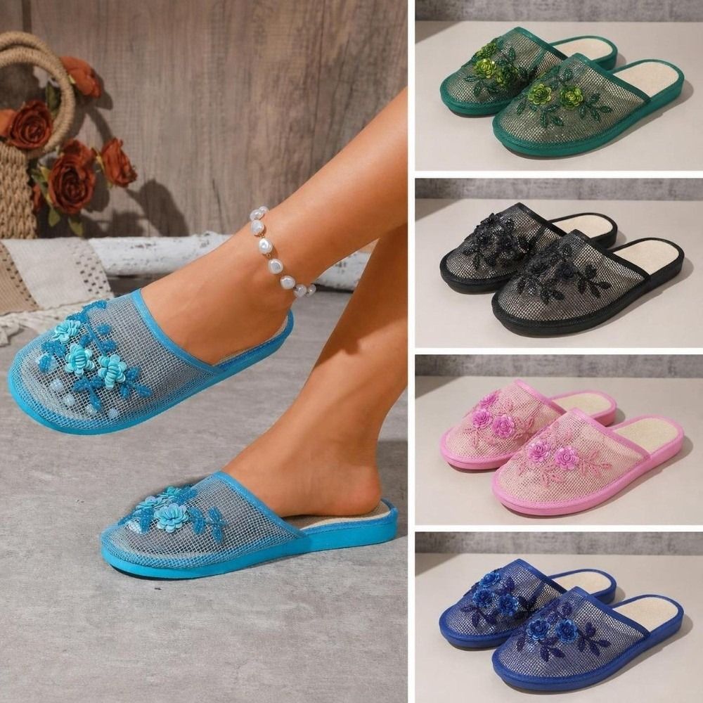 Embroidery Shoes - รองเท้าแตะตาข่ายปักลายดอกไม้แฟชั่น พื้นนุ่มกันลื่น ระบายอากาศได้ดี ใช้ได้ทั้งในบ้านและนอกบ้าน