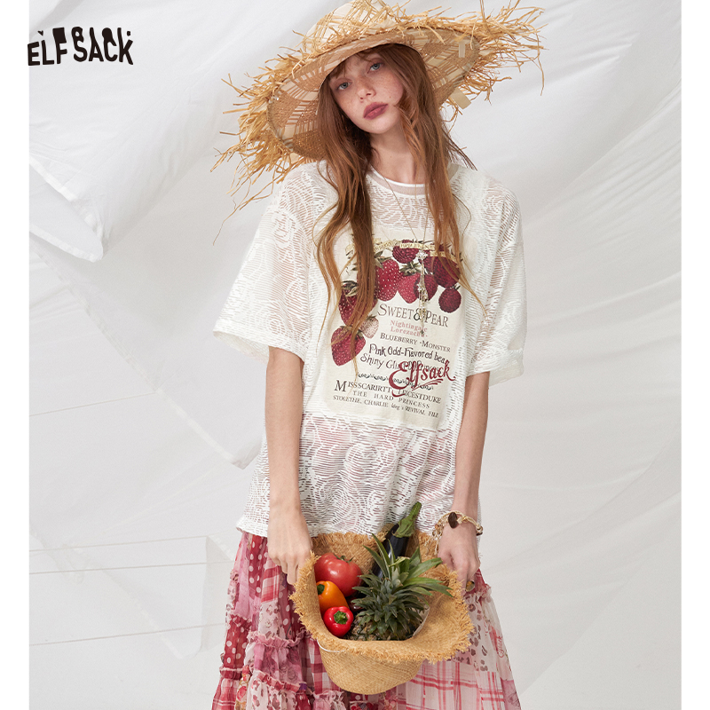 Embroidery White - ELFSACK เสื้อยืดตาข่ายพิมพ์ลายสตรอเบอร์รี่น่ารัก, เสื้อยืดโอเวอร์ไซส์ผ้าลูกไม้สีขาวน่ารัก, เสื้อลำลองสำหรับฤดูร้อน