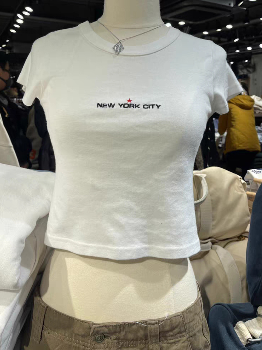 Embroidery York - YORK เสื้อยืดปักลายตัวอักษรสีขาวคอกลมเสื้อแขนสั้นรัดรูปเรียบง่ายเสื้อยืดผ้าฝ้าย2023น่ารักฤดูร้อนหวานเด็กผู้หญิง