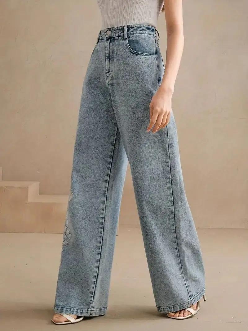 กางเกงยีนส์ทรงตรงสไตล์ Y2K สำห - Embroidery Jeans บทวิจารณ์และราคา