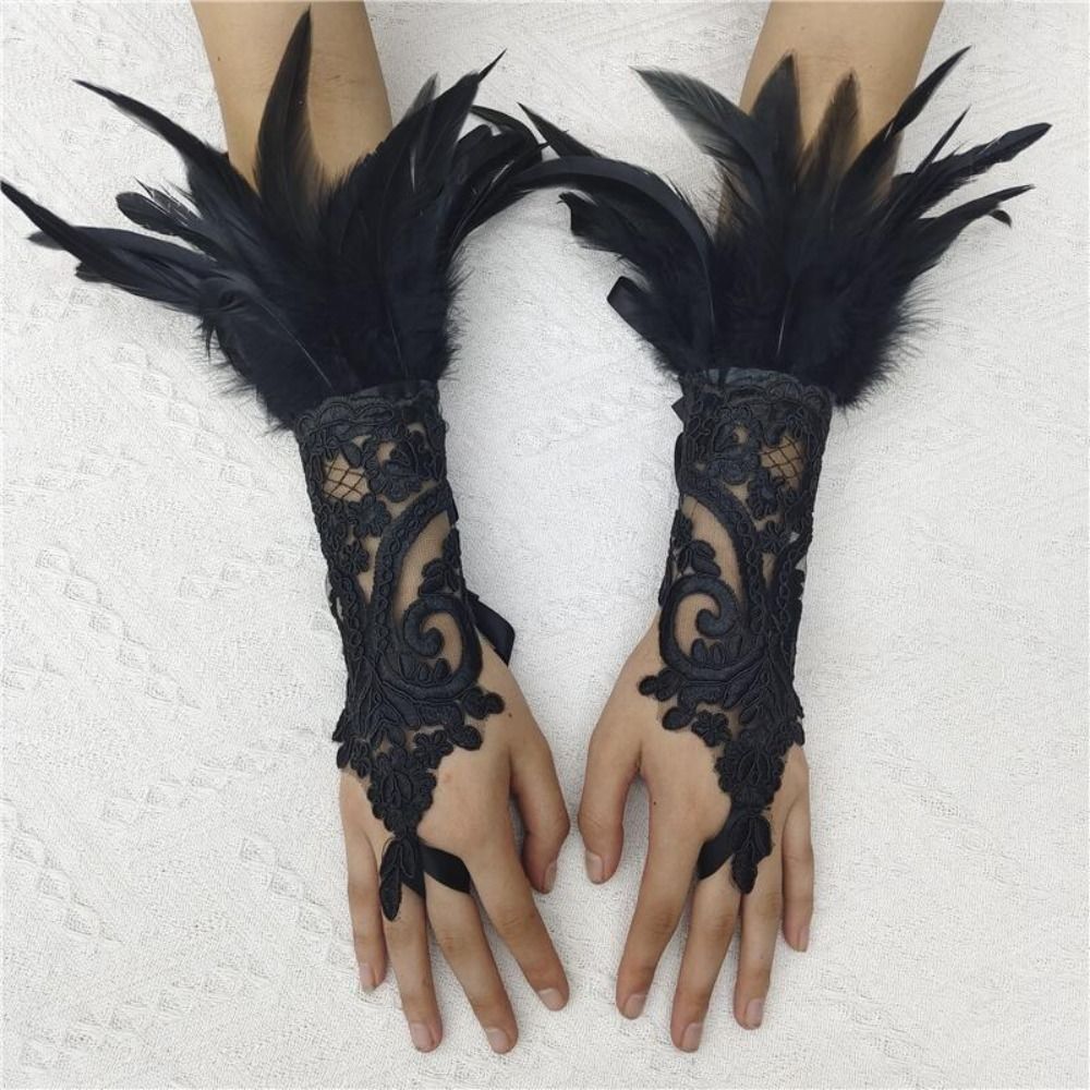 ถุงมือยาวแต่งลูกไม้และขนนก 1 ช - Embroidery Gothic บทวิจารณ์และราคา