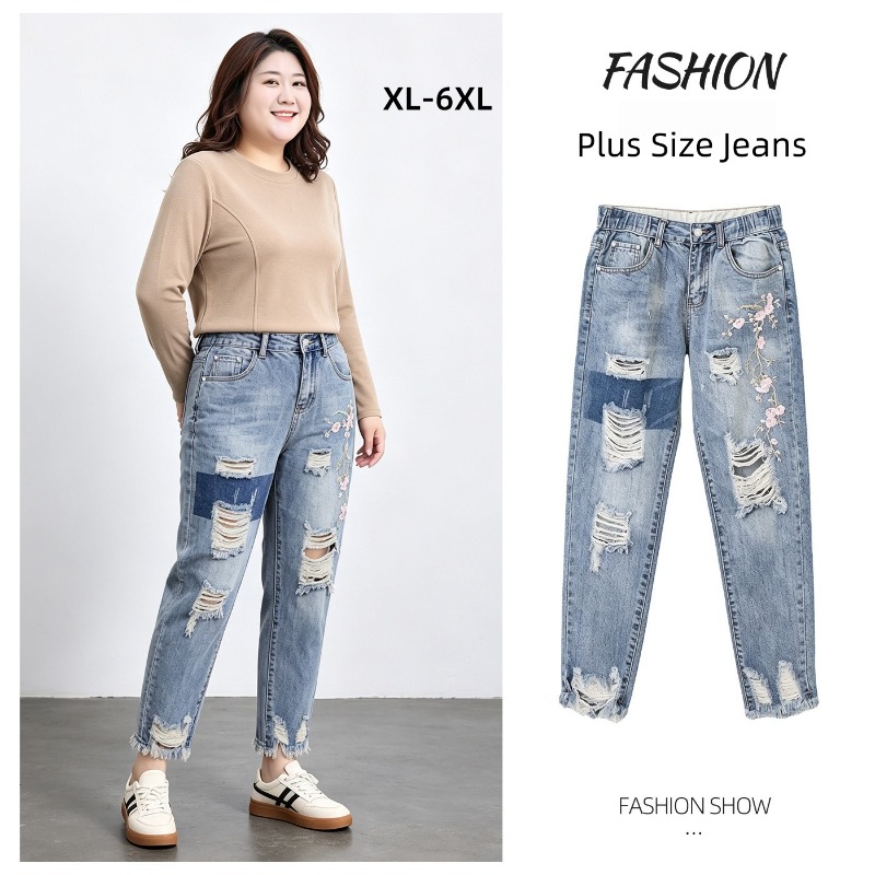 กางเกงยีนส์ผู้หญิงไซส์ใหญ่พิเศ - Embroidery Jeans บทวิจารณ์และราคา
