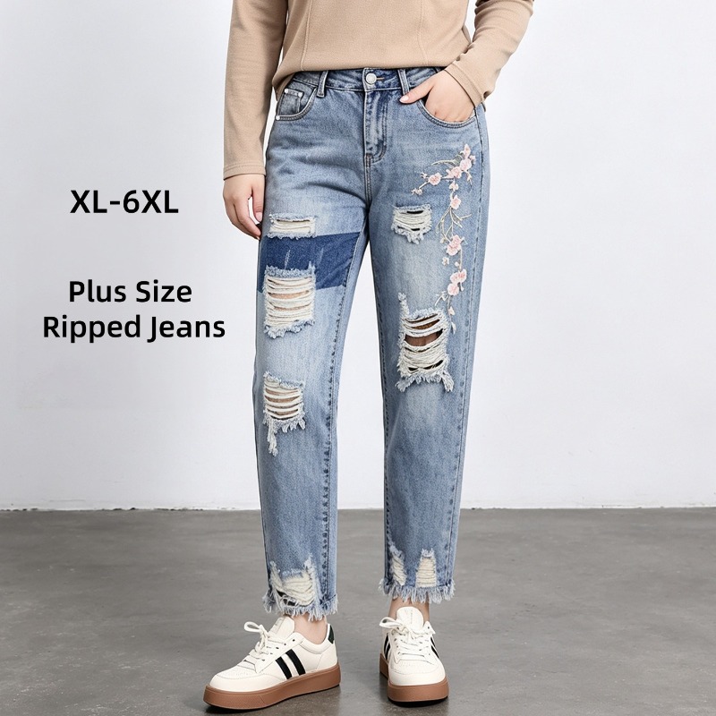 กางเกงยีนส์ผู้หญิงไซส์ใหญ่พิเศ - Embroidery Jeans บทวิจารณ์และราคา