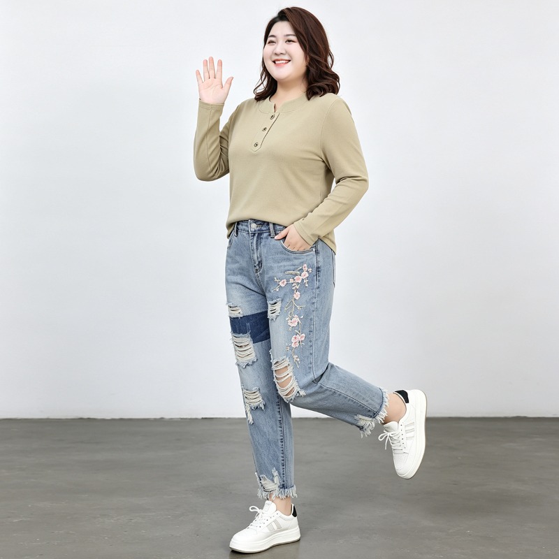 กางเกงยีนส์ผู้หญิงไซส์ใหญ่พิเศ - Embroidery Jeans บทวิจารณ์และราคา