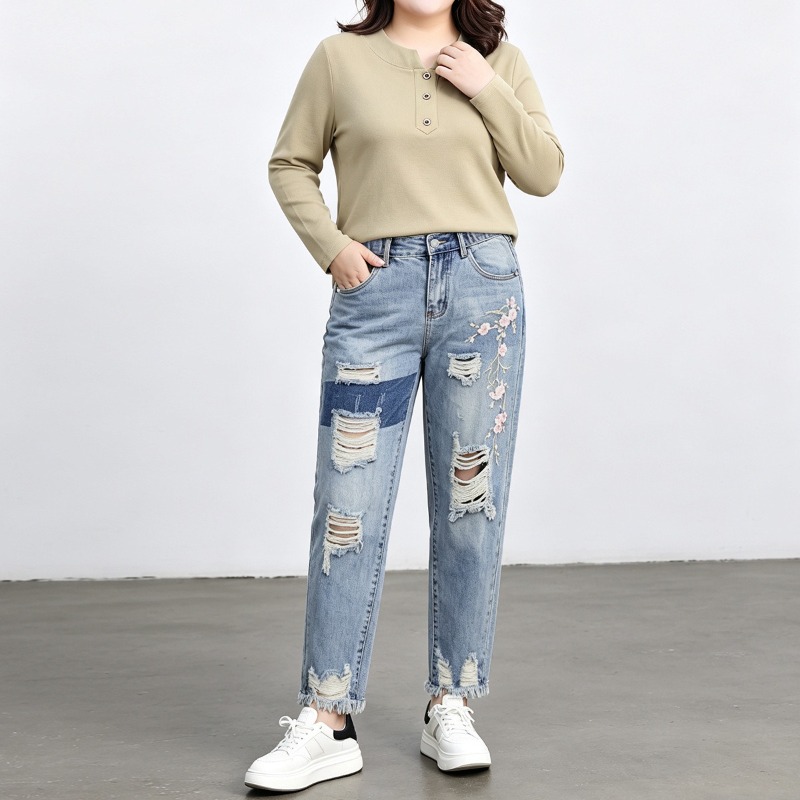 กางเกงยีนส์ผู้หญิงไซส์ใหญ่พิเศ - Embroidery Jeans บทวิจารณ์และราคา