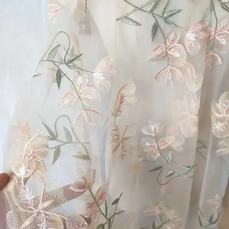 ผ้าลูกไม้ลายดอกไม้สวยงาม สีแอพ - Embroidery Veil บทวิจารณ์และราคา