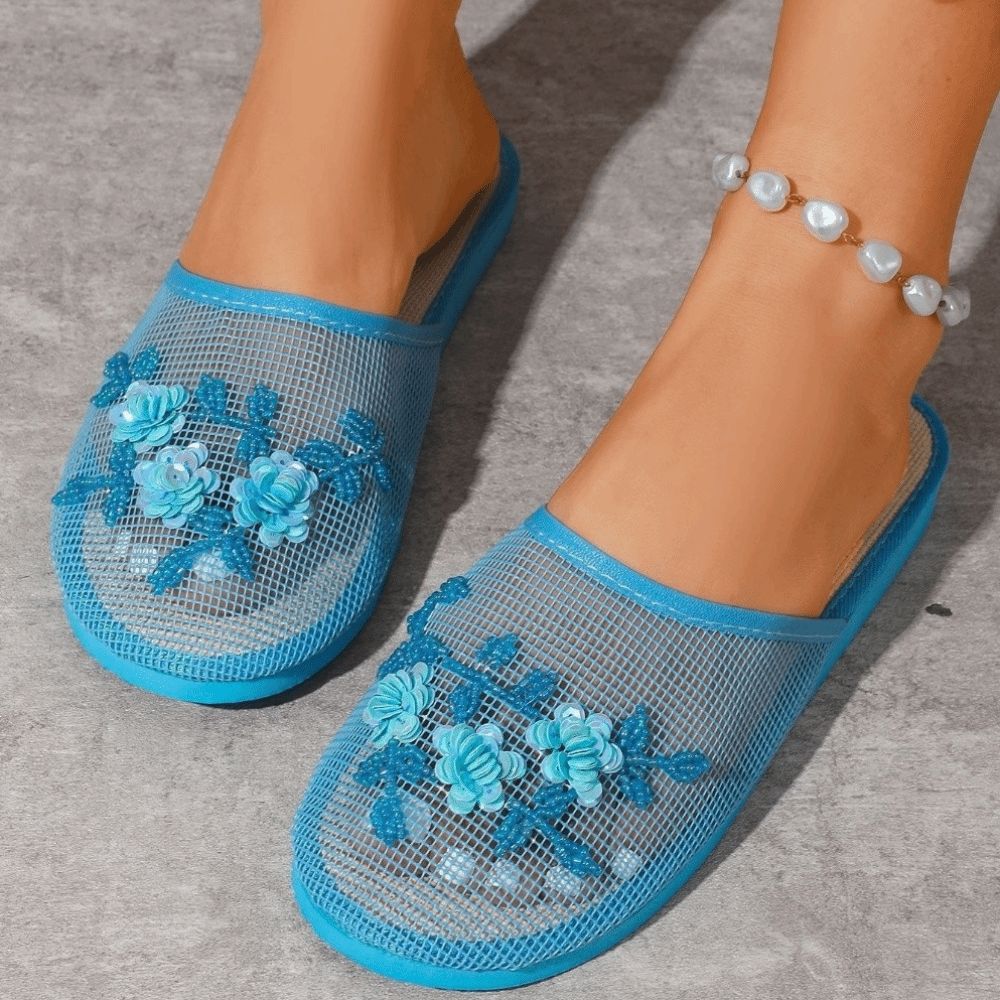 รองเท้าแตะตาข่ายปักลายดอกไม้แฟ - Embroidery Shoes บทวิจารณ์และราคา